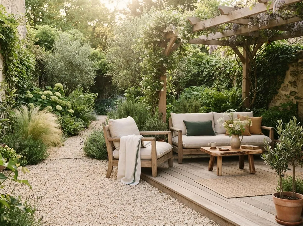 Aménager un coin détente dans son jardin sans pelouse avec du gravier et du bois