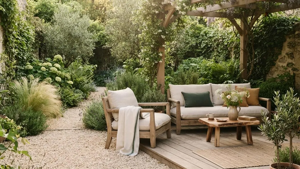 Aménager un coin détente dans son jardin sans pelouse avec du gravier et du bois