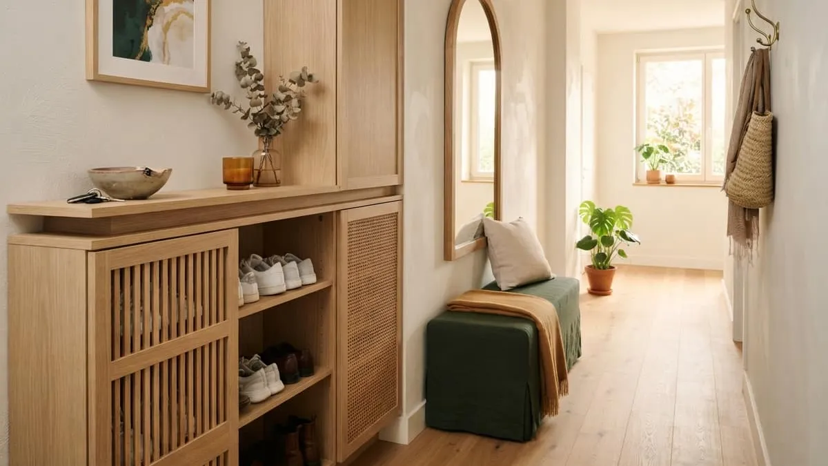 Aménager une entrée étroite et longue avec des rangements pour chaussures pratiques