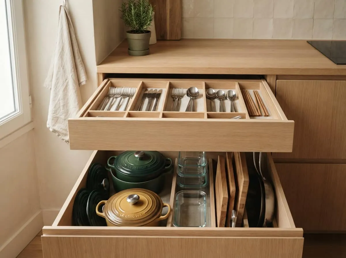 Organiser les tiroirs à couverts et casseroles selon la méthode Marie Kondo pour un espace de cuisine optimal