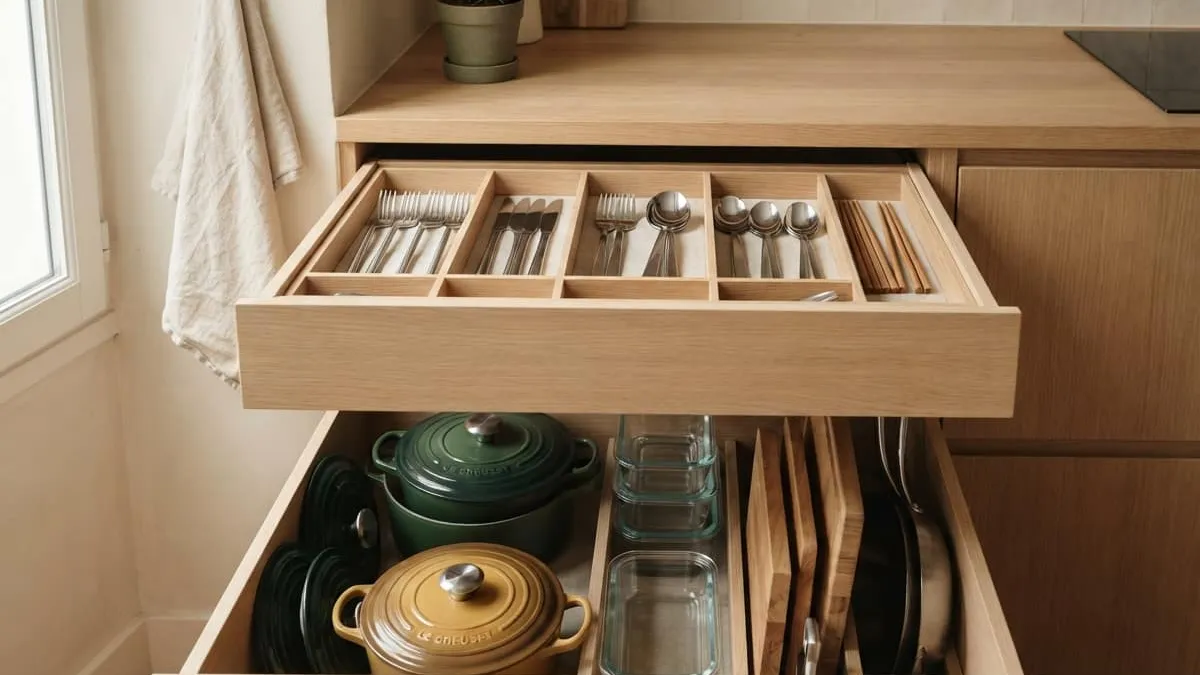 Organiser les tiroirs à couverts et casseroles selon la méthode Marie Kondo pour un espace de cuisine optimal