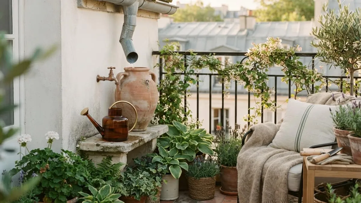 Récupérer l'eau de pluie sur un balcon pour arroser facilement vos plantes