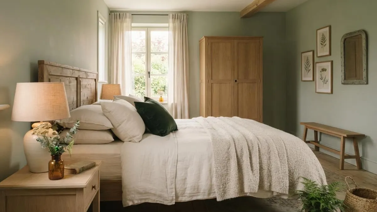 Associer la couleur vert sauge et le bois pour une chambre parentale apaisante