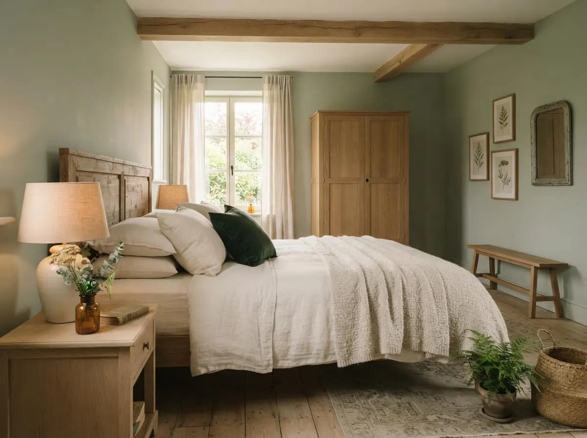 Associer la couleur vert sauge et le bois pour une chambre parentale apaisante
