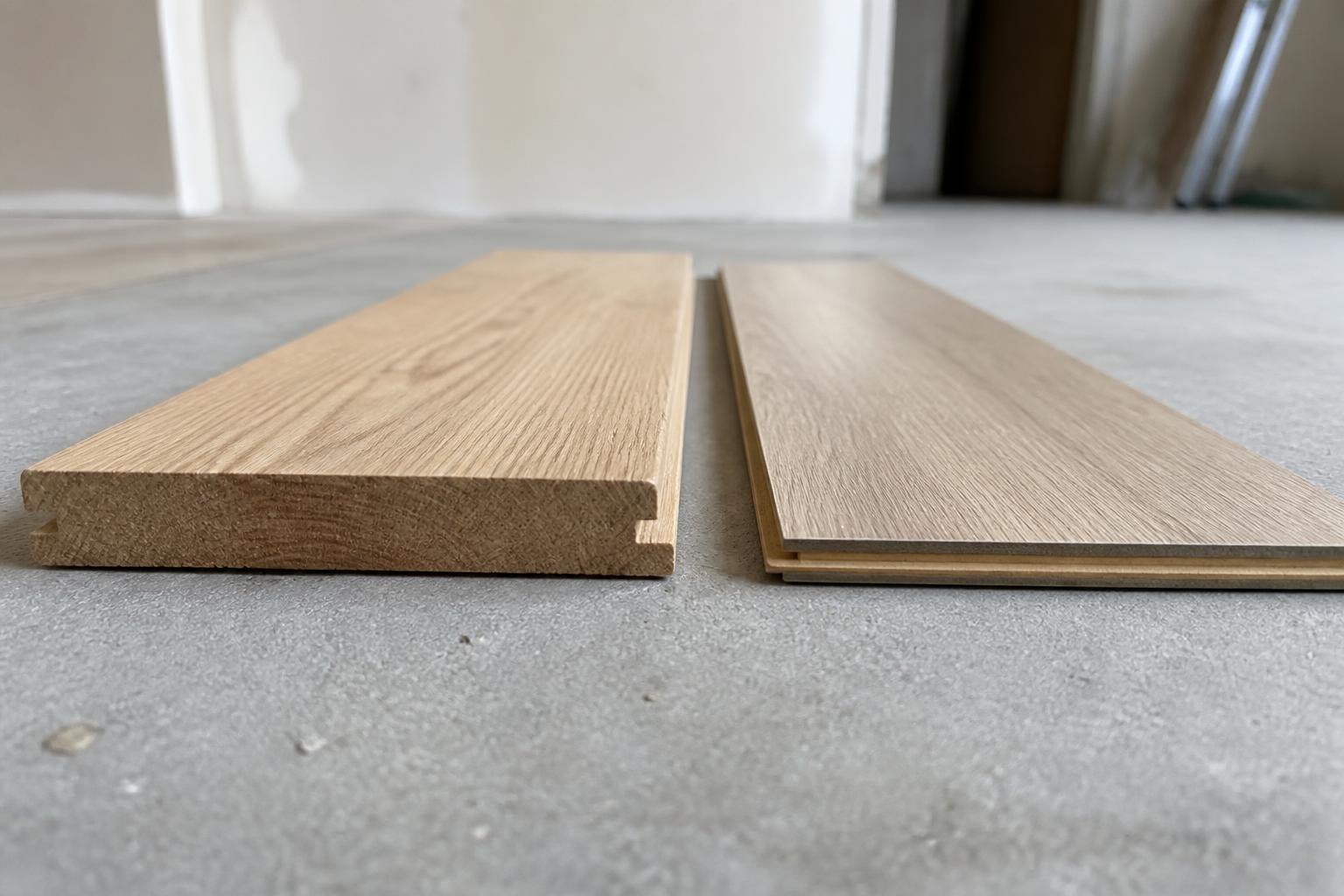 Une lame de parquet massif en chêne et une lame de parquet stratifié posées côte à côte sur un sol brut