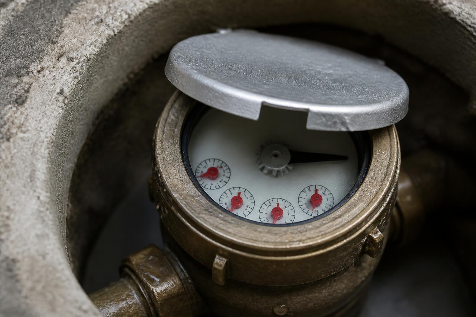 Compteur d'eau à cadran dans son regard, capot métallique entrouvert