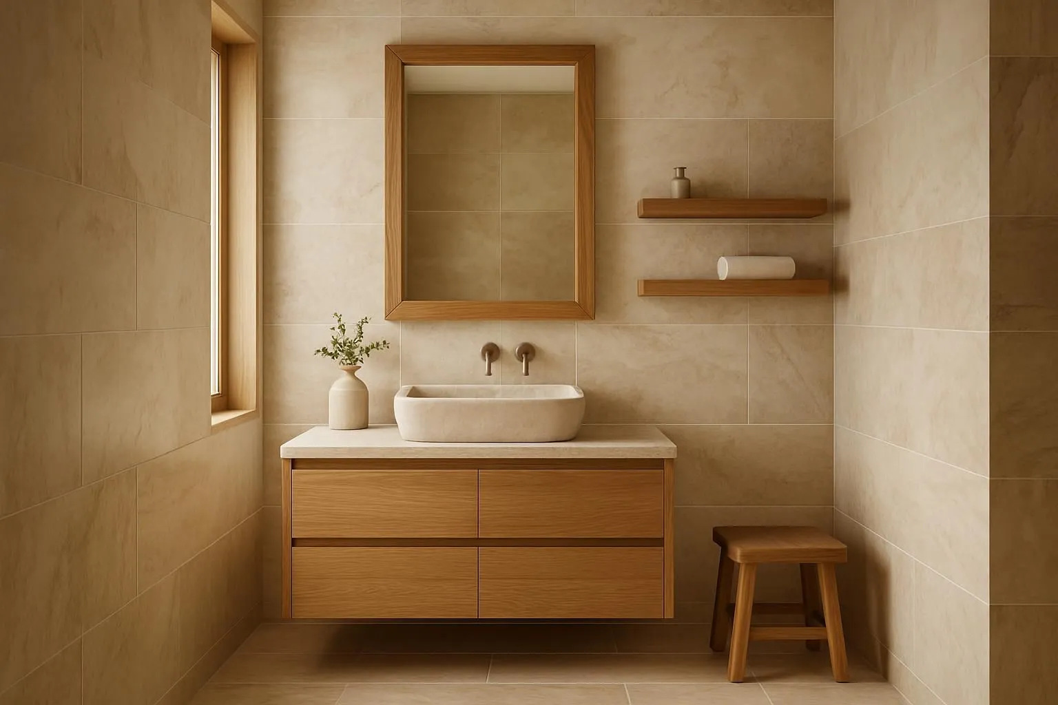 Salle de bain en travertin et bois